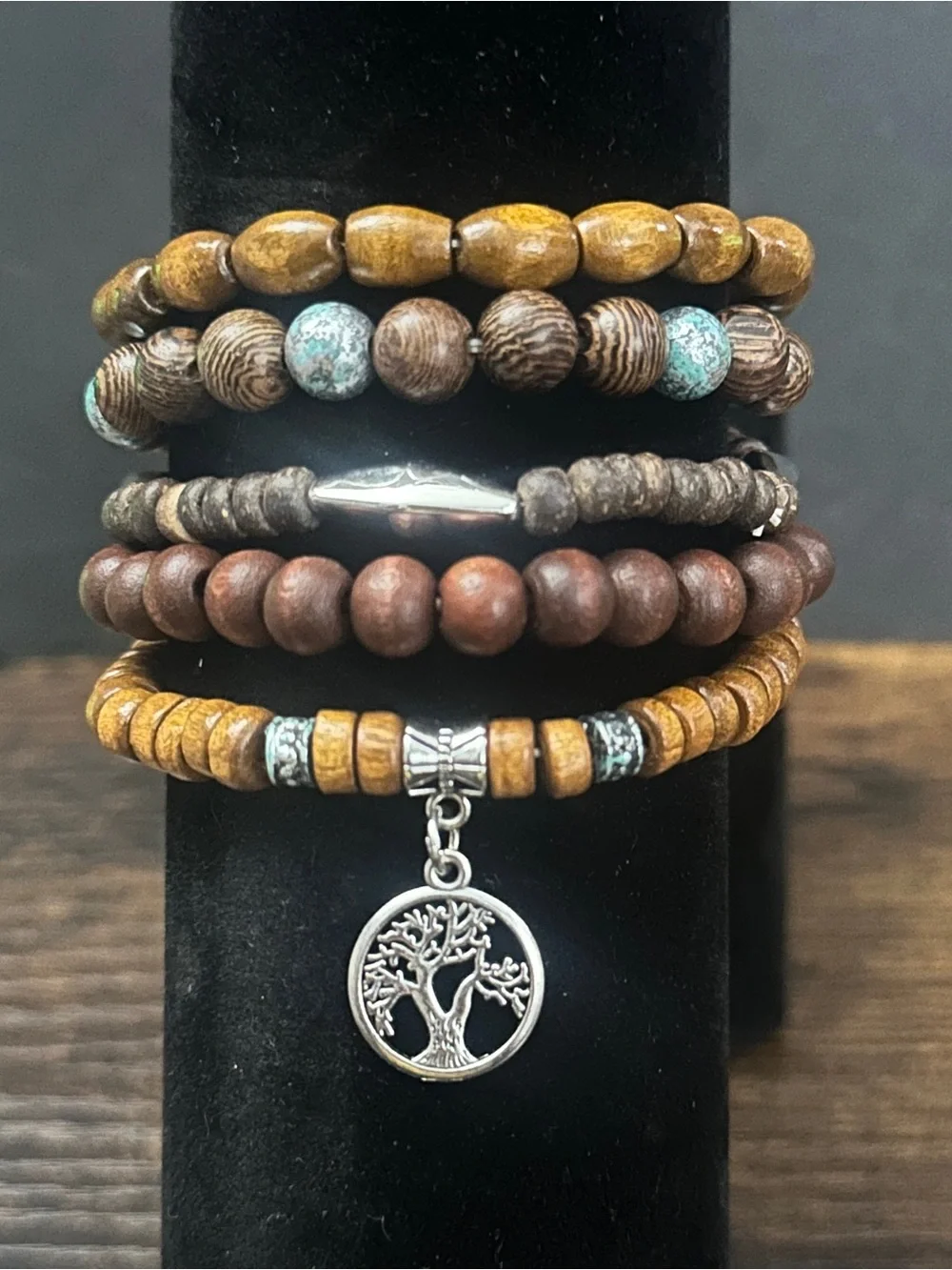 Boho Brown Wood Bead Bracelet Set with Tree Charm